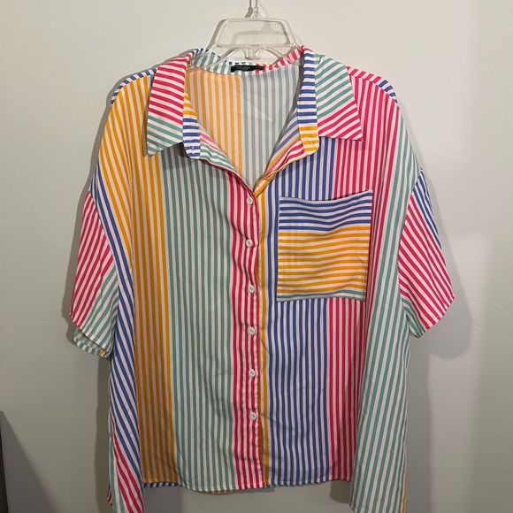 SHEIN Tops - SHEIN Colorful Striped Button Down Shirt with Front Pocket